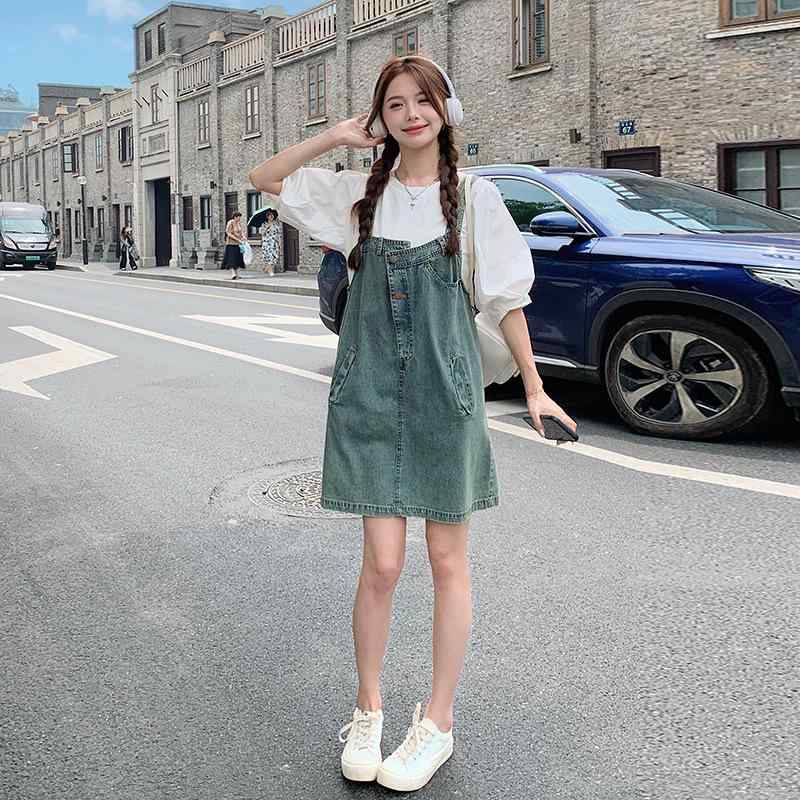 ワンピース レディース デニム 背当て付きスカート 2点セット 春夏 無袖 膝丈 ミディアム丈 Aライン かわいい ガーリー カジュアル