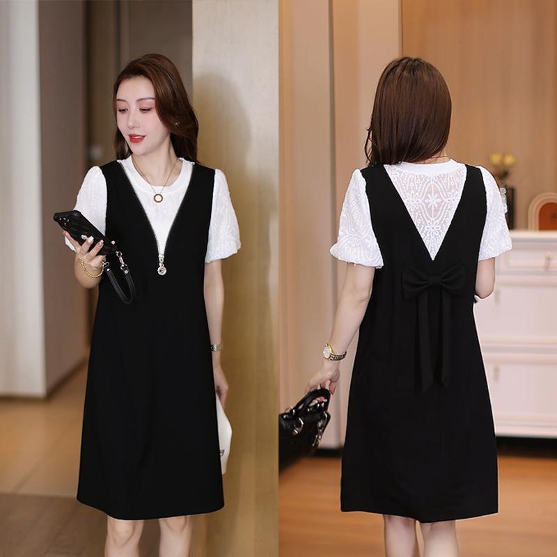 ワンピース レディース 大きいサイズ 膝丈 Aライン 半袖 異素材切り替え ドッキング 黒 白 ラウンドネック ポケット付き ゆったり 体型カバー 着痩せ ミディアム丈ワンピース