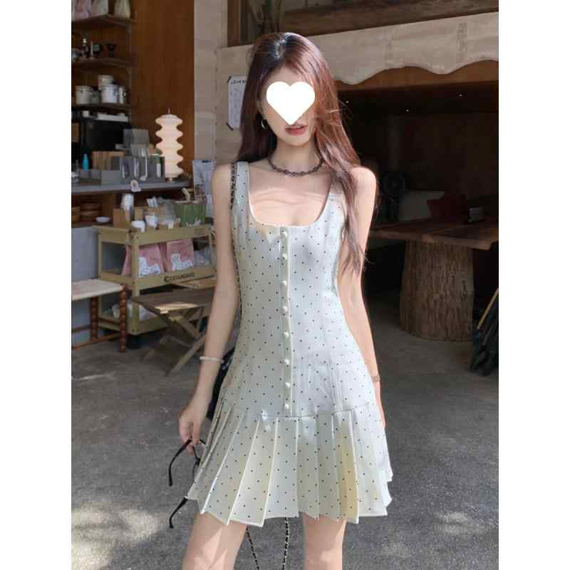 ワンピース レディース フレンチスタイル ドット柄 麻 ノースリーブ Aライン 百褶スカート ミニスカート ウエストシェイプ スタイルアップ