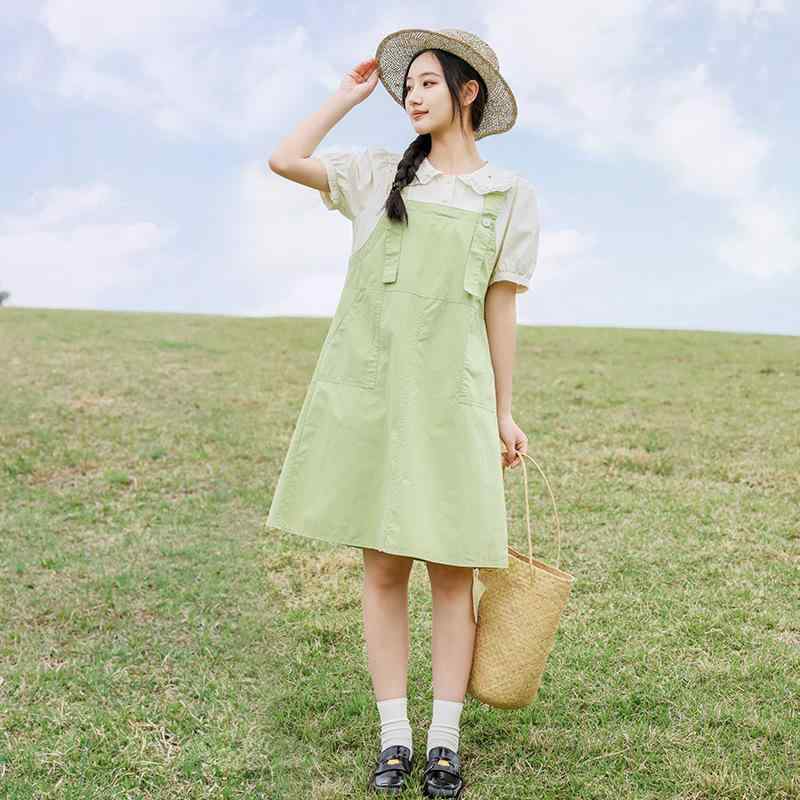 ワンピース レディース 春夏 パフスリーブ コットン ミドル丈 膝丈 Aライン ゆったり かわいい ガーリー スタイル 果緑