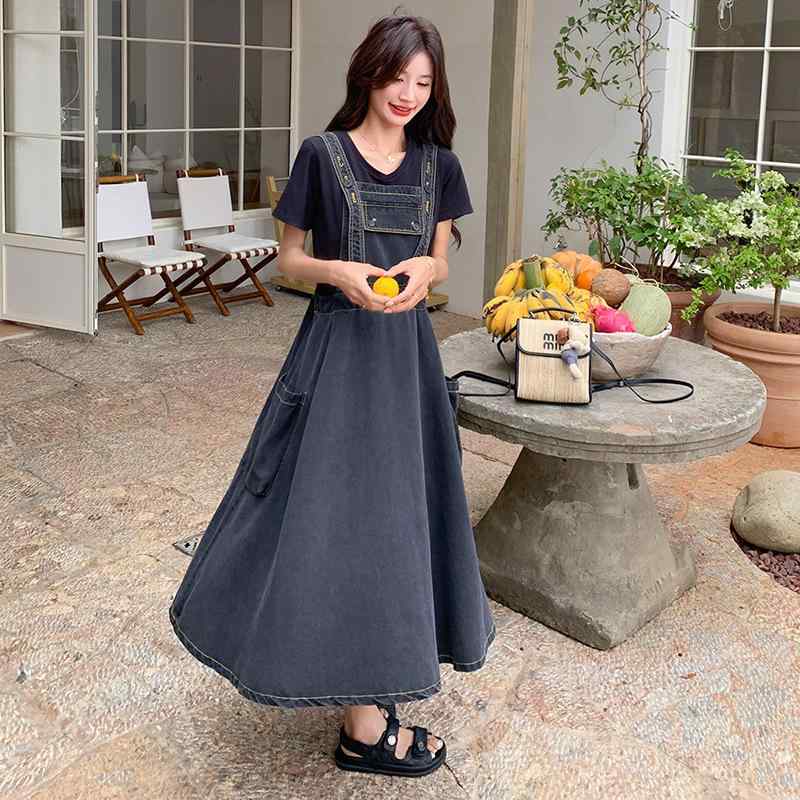 デニムワンピース レディース 学院風 デニムサロペットスカート ロングワンピース 半袖Tシャツ 2点セット 夏 高見え おしゃれ かわいい