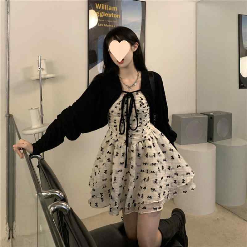 アンサンブル レディース ショールカーディガン トップス キャミソールワンピース 2点セット ポリエステル ブラック 黒色 花柄 春秋 ストリート