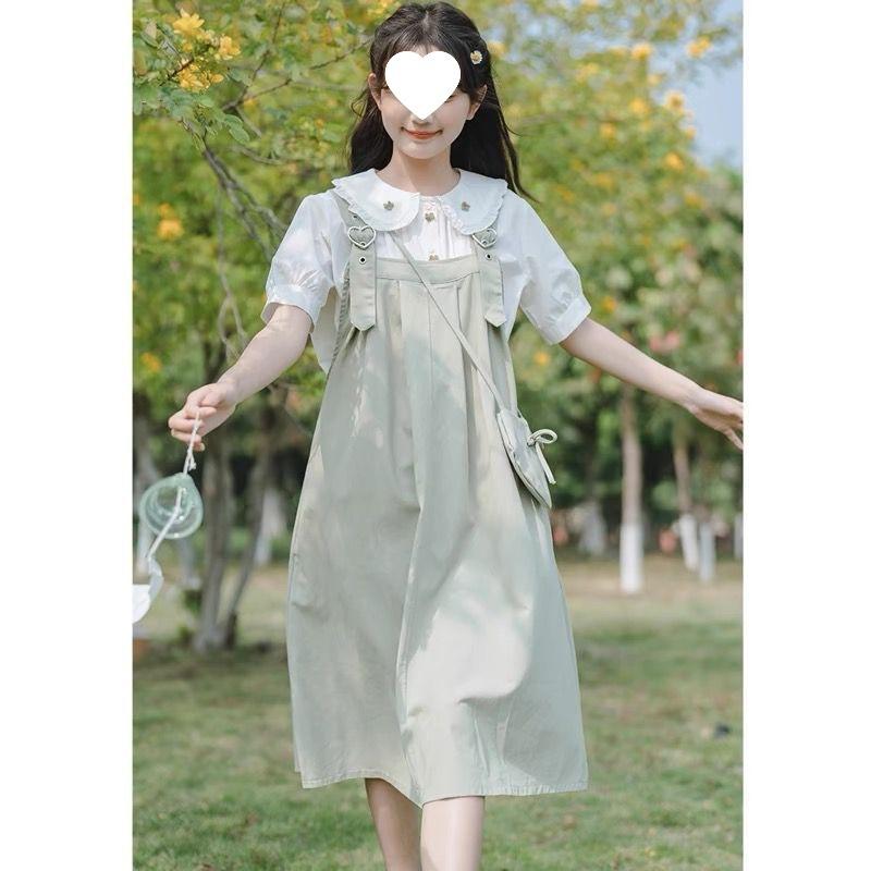 ワンピース レディース かわいい ガーリー サスペンダースカート セットアップ 2点セット 半袖 パフスリーブ 膝丈 ミモレ丈 Aライン ゆったりサイズ 春夏 中国風 レトロ 文芸風 おしゃれ着 普段使い お出かけ着 ライトグリーン カーキ