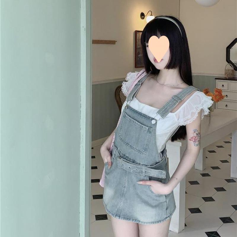 サロペット レディース デニム Aライン ミニスカート 春夏 ショート丈 ダメージ加工 カジュアル かわいい おしゃれ