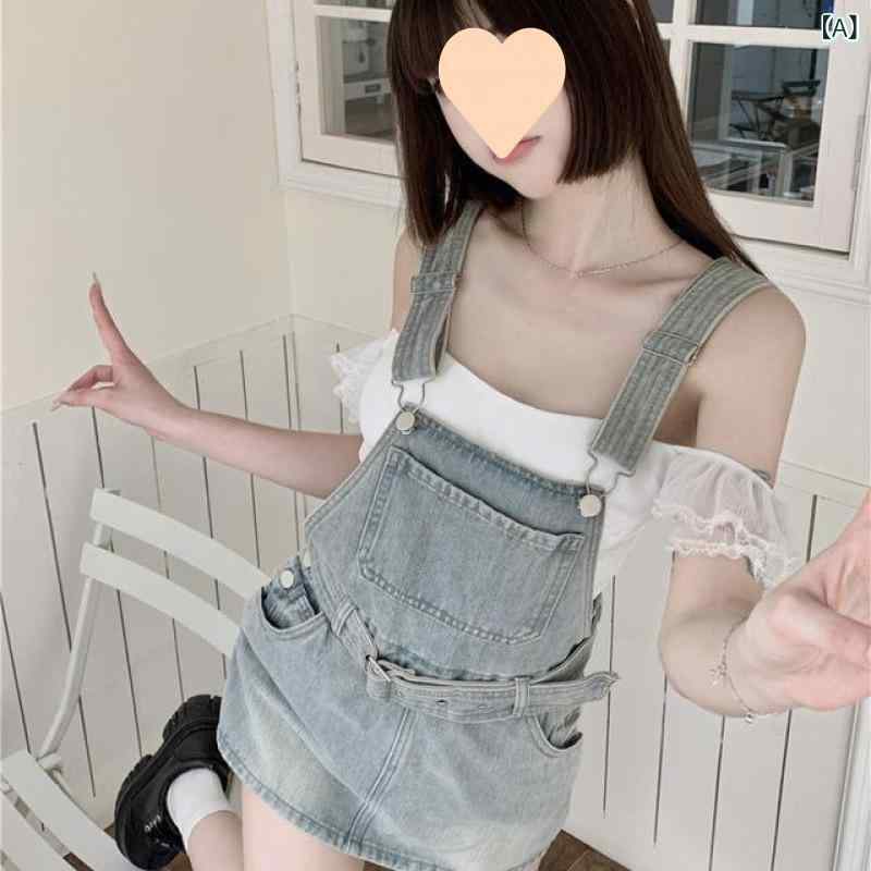 サロペット レディース デニム Aライン ミニスカート 春夏 ショート丈 ダメージ加工 カジュアル かわいい おしゃれ