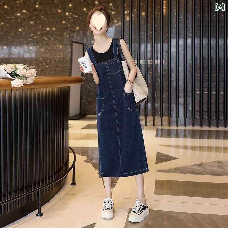 ワンピース レディース デニム ジャンパースカート サロペットスカート ミモレ丈 Aライン ゆったり 体型カバー 切り替え ダメージ加工 ウォッシュ加工 春夏