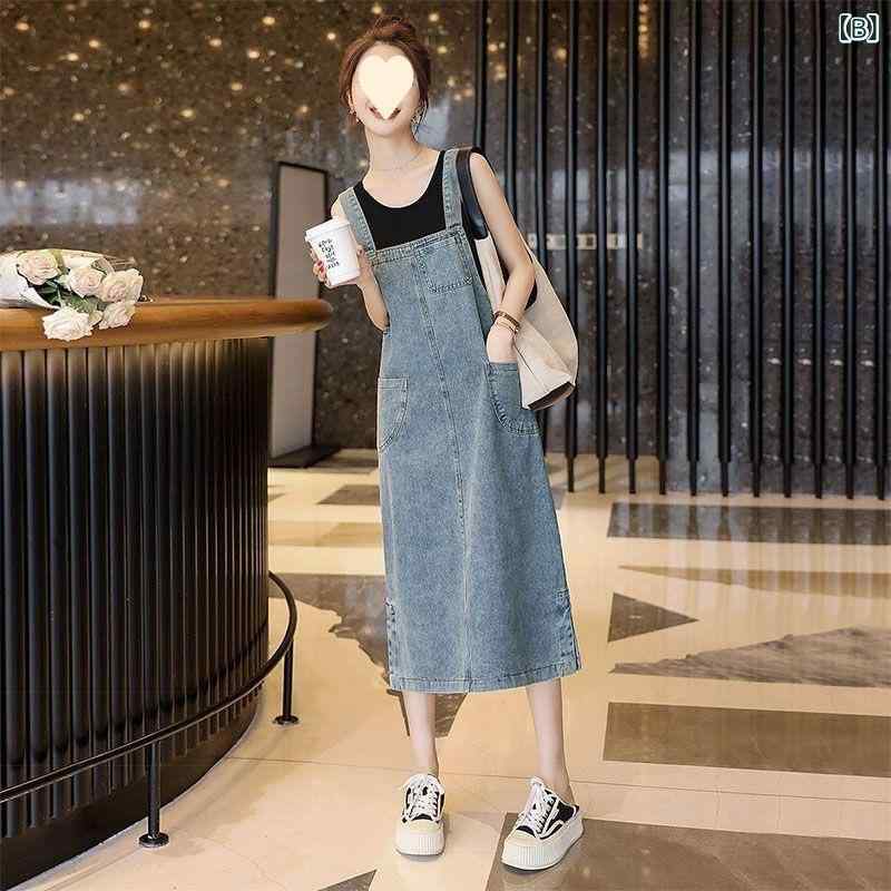 ワンピース レディース デニム ジャンパースカート サロペットスカート ミモレ丈 Aライン ゆったり 体型カバー 切り替え ダメージ加工 ウォッシュ加工 春夏