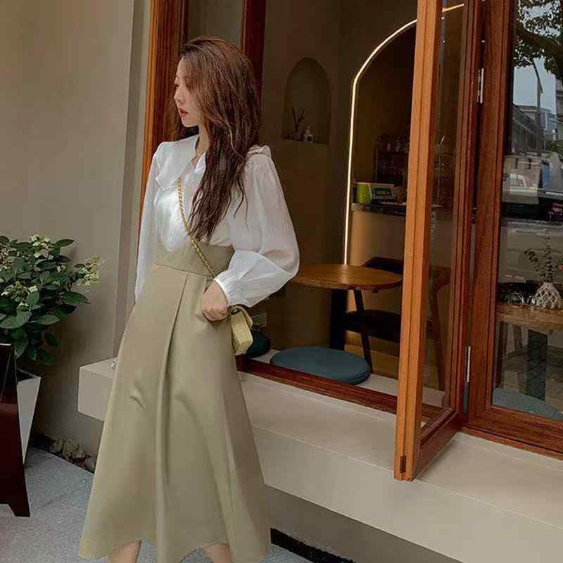 セットアップ レディース 早秋 Aライン 2点セット ドーリーブラウス サスペンダースカート Vネック パフスリーブ ロングスカート 無地 ポリエステル 通勤 きれいめ