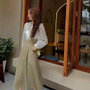 セットアップ レディース 早秋 Aライン 2点セット ドーリーブラウス サスペンダースカート Vネック パフスリーブ ロングスカート 無地 ポリエステル 通勤 ...