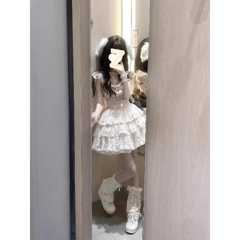 ワンピース レディース ケーキスカート パフスリーブ ノースリーブ ミニスカート ポリエステル プリンセスライン 初恋デザイン 甘辛MIX ストリートファッション