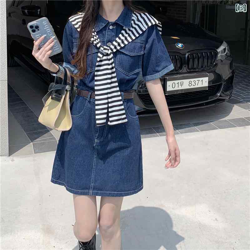 シャツ レディース デニムワンピース 秋冬 長袖 半袖 Aライン ミニ丈ワンピース ブルー ポロネック 高見え 文芸風
