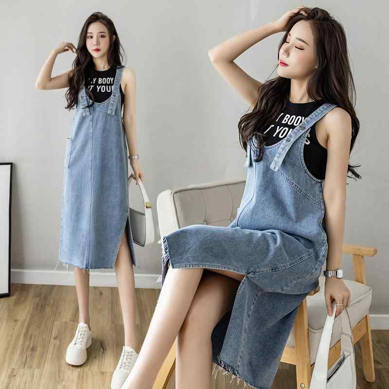 デニム レディース サロペット ワンピース ロング Aライン Vネック 7分袖 浅ブルー ゆったり 文芸復古風 中国風 個性派 ストリート