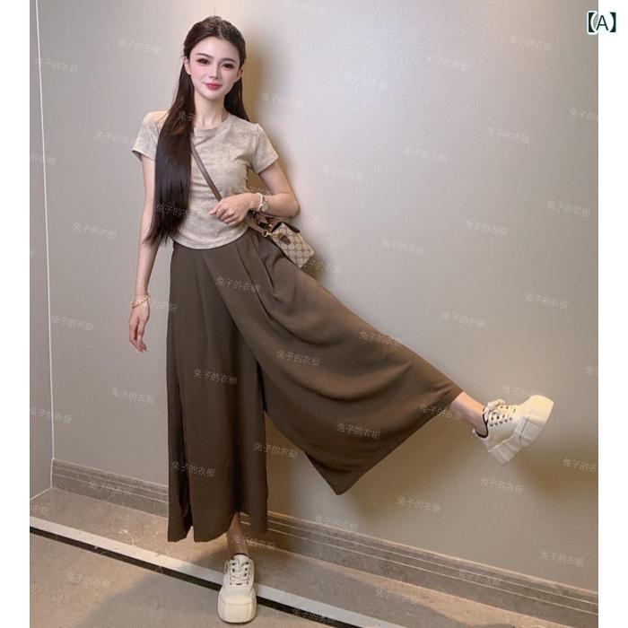 スカート レディース 接触冷感 涼しい ワイドレッグパンツ ポリエステル 黒 ブラック グレー コーヒー..