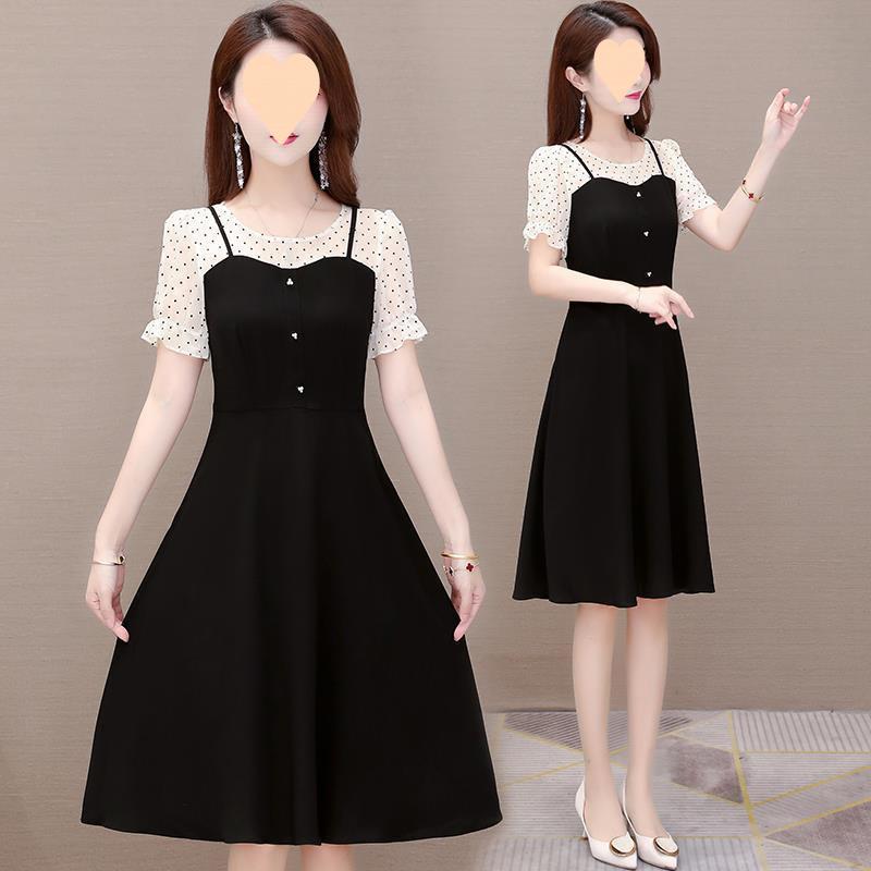 ワンピース レディース 大きいサイズ 韓国風 Aライン 半袖 膝丈 ティアード ブラック ポリエステル