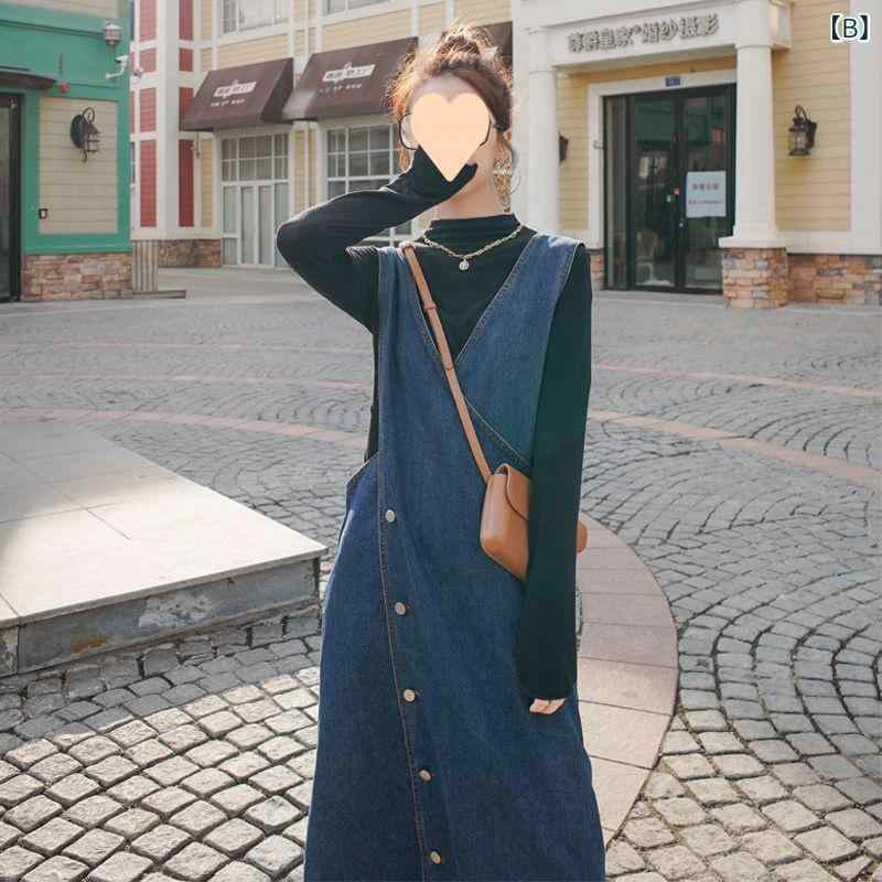 ワンピース レディース デニム サロペットスカート かわいい 日本製 背当て ミニ丈 ミディアム丈 2点セット 上下セット ポリエステル 綿 春夏 立襟 ノースリーブ 文芸復古風 普段使い