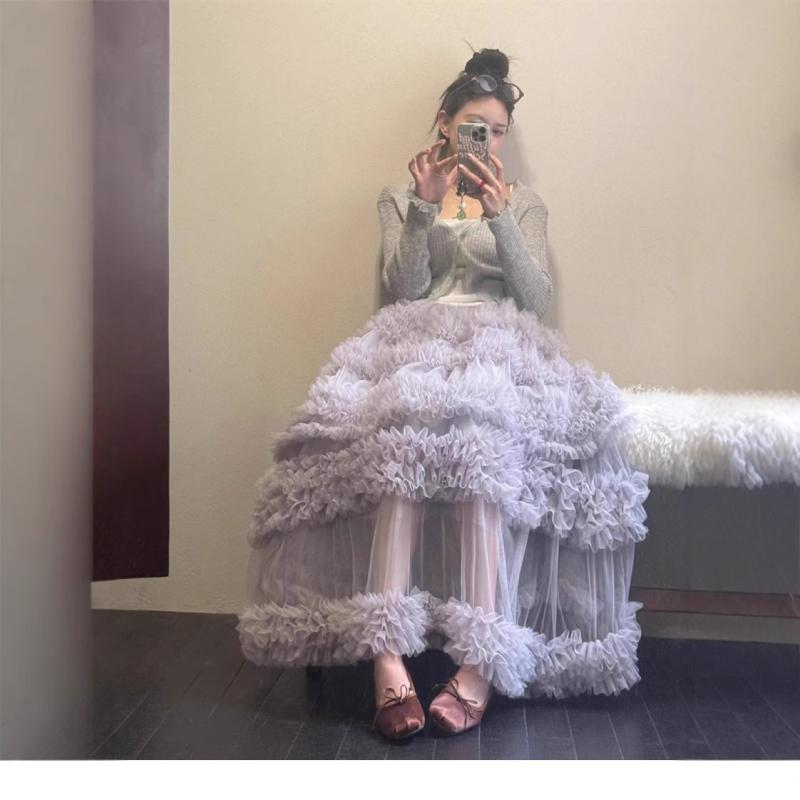 ワンピース レディース 韓国風 チュールスカート レイヤード ケーキスカート ロングスカート グレー系 ..