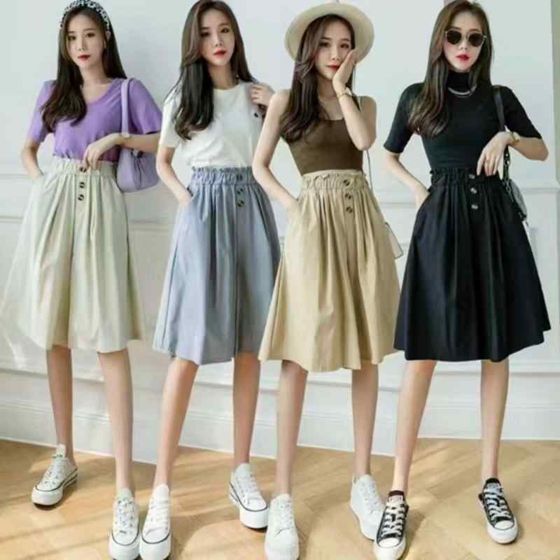 スカート レディース ワイドレッグパンツ 春夏 キュロットスカート ハーフパンツ ショートパンツ 韓国風 ゆったり ポリエステル 高見え 普段使い 通勤着 カーキ ブラック グリーン ブルー