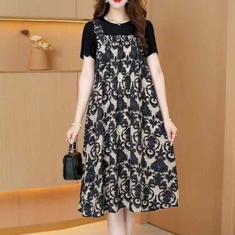 ワンピース レディース 切り替え 背当て ミディアム丈 半袖 普段使い 7分袖 ゆったり ラウンドネック チュニック 重ね着風ワンピース ドッキングワンピース