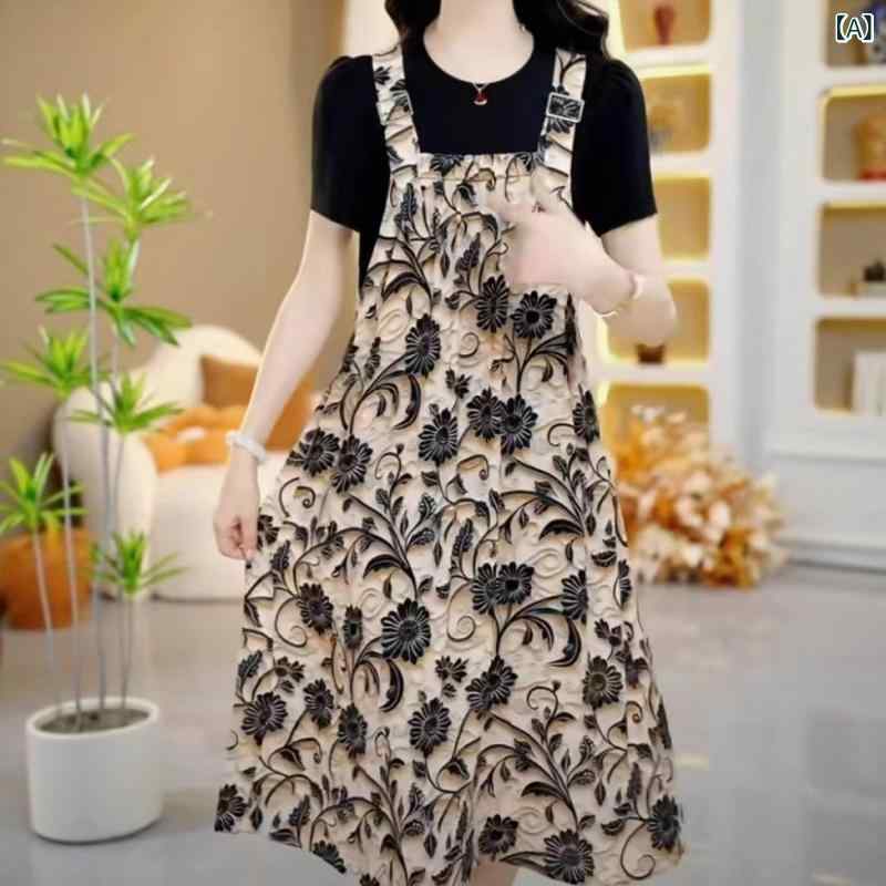 ワンピース レディース 切り替え 背当て ミディアム丈 半袖 普段使い 7分袖 ゆったり ラウンドネック チュニック 重ね着風ワンピース ドッキングワンピース