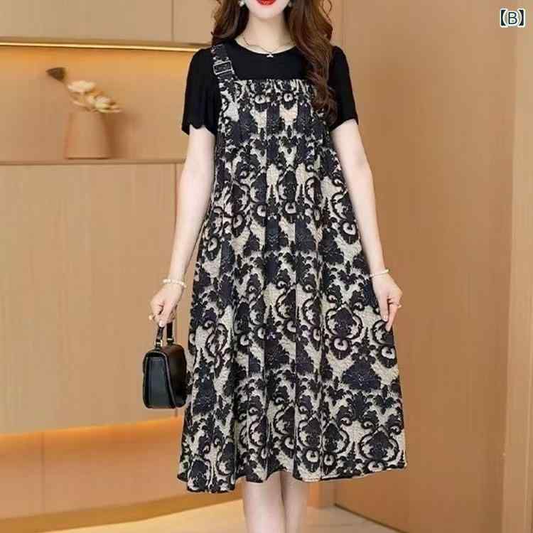 ワンピース レディース 切り替え 背当て ミディアム丈 半袖 普段使い 7分袖 ゆったり ラウンドネック チュニック 重ね着風ワンピース ドッキングワンピース