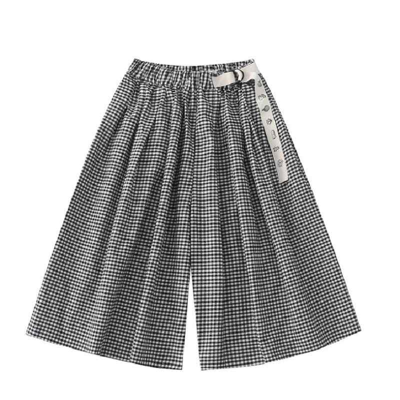パンツ レディース 格子柄 ワイド キュロットパンツ 七分丈 ウエストゴム 綿 混紡 涼しい かわいい 春..