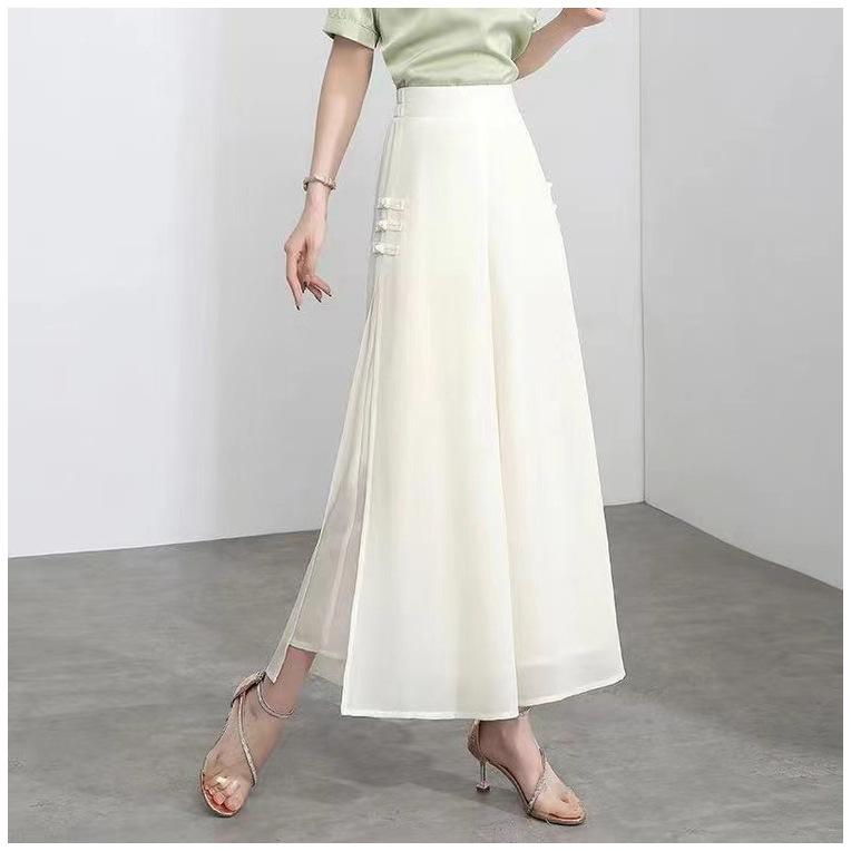 パンツ レディース ワイドパンツ スリット入り スカンツ 春夏 ポリエステル 高見え ゆったり Aライン 九分丈 ハイウエスト 黒 白 ベージュ ワインレッド 紺