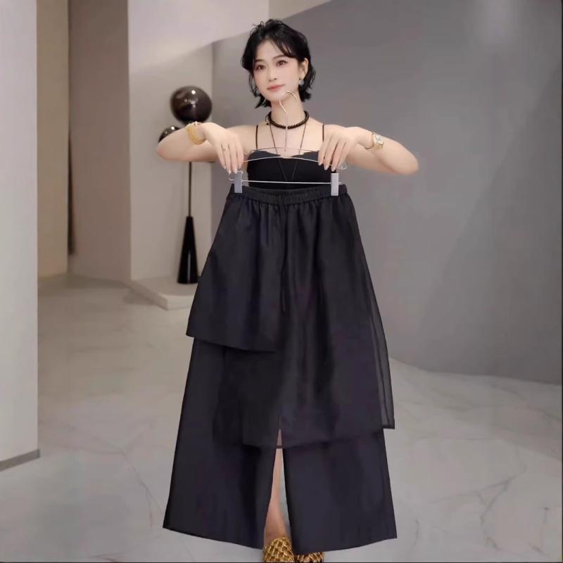 パンツ レディース 黒色 メッシュ 切り替え ゆったり 9分丈 ゴムウエスト 薄手 ルーズ ストレート サルエルパンツ 韓国風 リラックス イージーパンツ