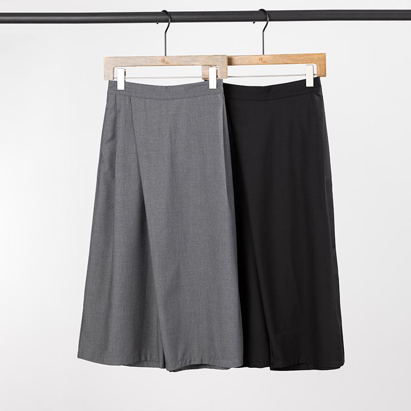 スカート レディース 婦人服 春 カジュアル キュロット ワイドレッグパンツ ガウチョパンツ ゆったり ストレート ウエストゴム 7分丈 混紡 グレー ブラック