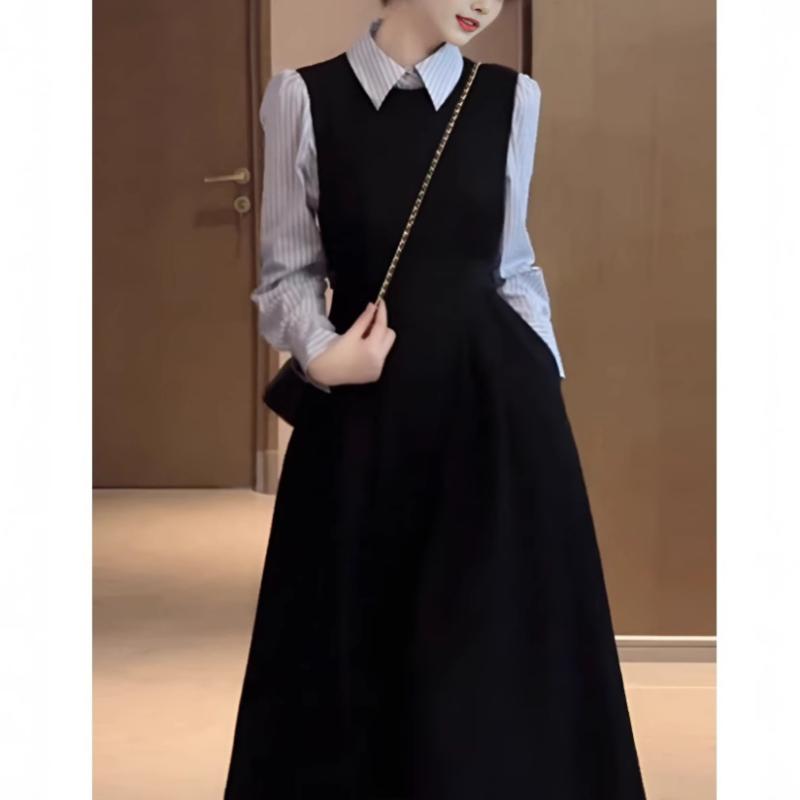 ワンピース レディース 春秋 法式 A字 ミモレ丈 ポリエステル ブラック 黒 長袖 襟付き きれいめ エレガント