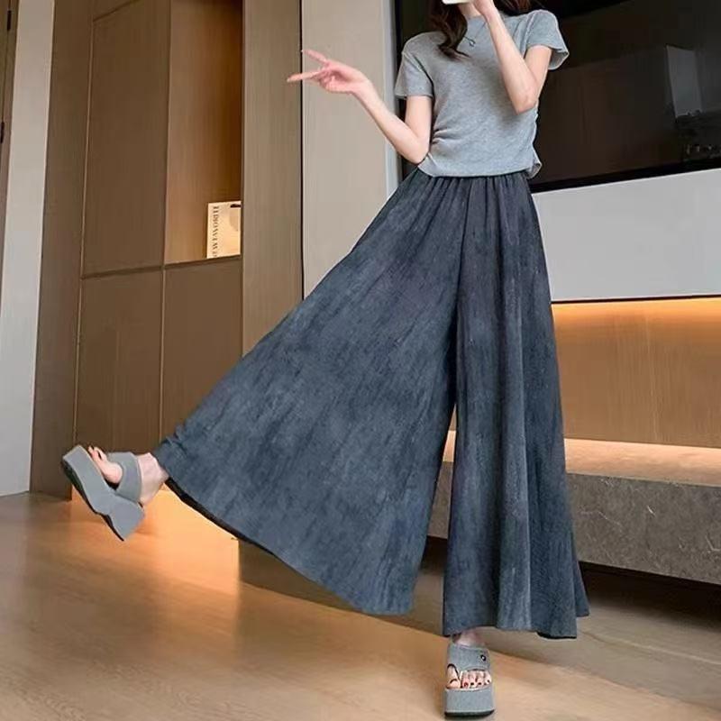 スカート レディース 薄手 高見え ワイドレッグ 接触冷感 絞り染め スカンツ 春夏 9分丈 ゆったり ゴムウエスト 普段使い 部屋着 ストリート 深灰色 ピンク系 カーキ