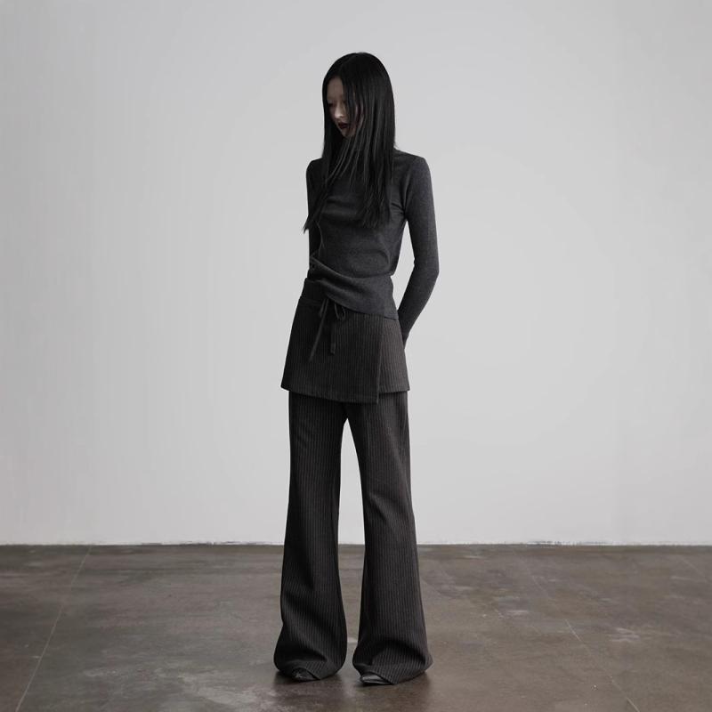 スカート レディース 春秋 黒 灰色 切り替え デザイン 微フレアパンツ カジュアルパンツ 長ズボン 韓国風 ポリエステル 伸縮性