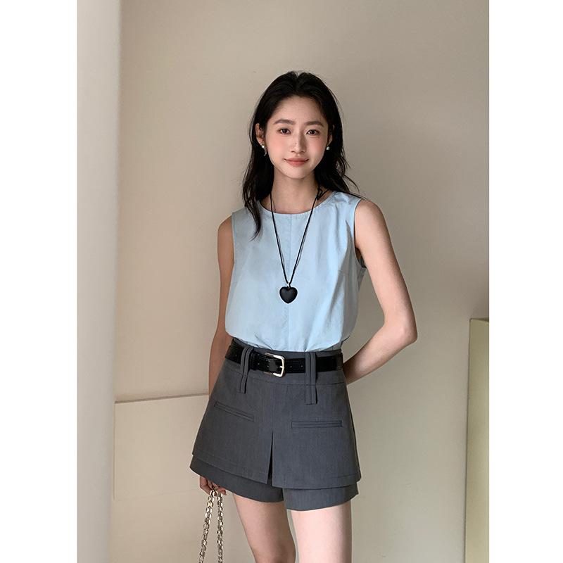 パンツ レディース 韓国風 カジュアル ショートパンツ ポリエステル混紡 ブラック 黒 深グレー ハイウエスト 短パン キュロット