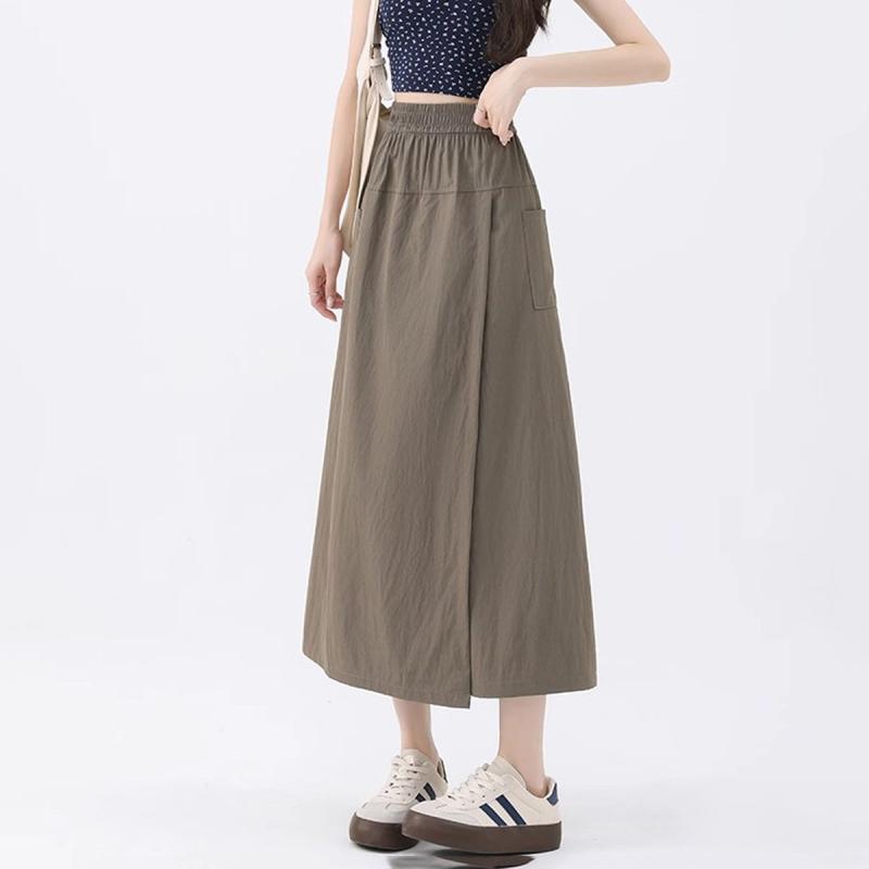スカート レディース 裙裤 ワイドレッグパンツ ポリエステル混紡 高腰 薄手 7分丈 無地 ゆったり Aライン 灰色系 通勤 個性 ストリート ポケット付き
