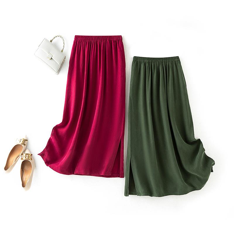 スカート レディース 銅アンモニア繊維 A字 ミモレ丈 無地 ウエストゴム ゆったり 文芸風 酒 красный ..