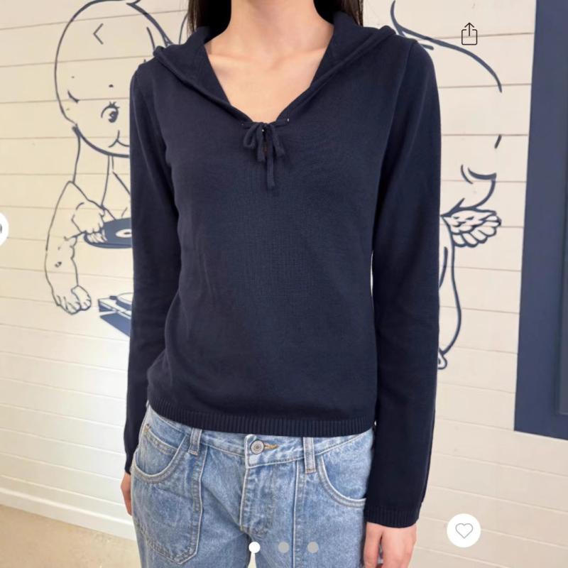 ニット レディース 藏青色 系带 長袖 パーカー トップス 美式 薄手 綿 秋 普段使い