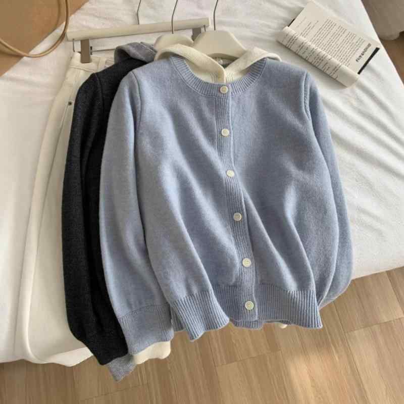 ニットカーディガン レディース 配色 パーカーデザイン ドッキング ポリエステル ゆったり 長袖 トップ..