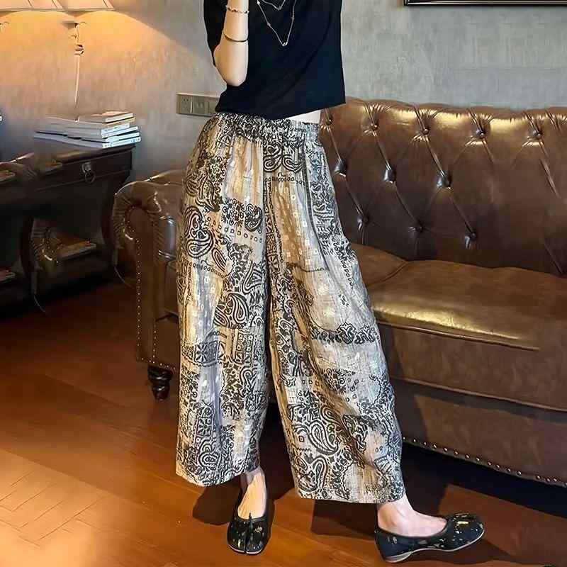 パンツ レディース 中国風 レトロ プリント ポリエステル ゆったり 9分丈 高見え イージーパンツ 文芸..