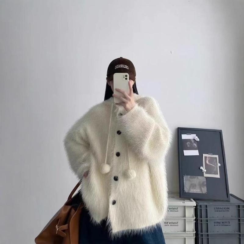 ニット レディース カーディガン ホワイト ミンク カシミアタッチ フード付き 秋冬 厚手 ニットカーデ..