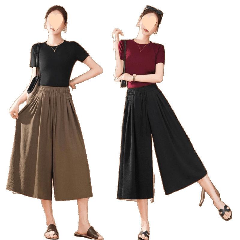 七分丈ワイドパンツ レディース 高腰 ポリエステル ゆったり 接触冷感 薄手 スカンツ 春夏 ブラック モ..