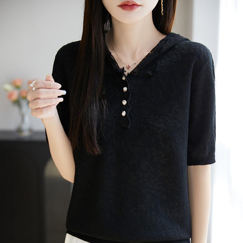 ニット レディース サマーニット 薄手 半袖 パーカー 羊毛 再生繊維 ゆったり カジュアル トップス 春夏