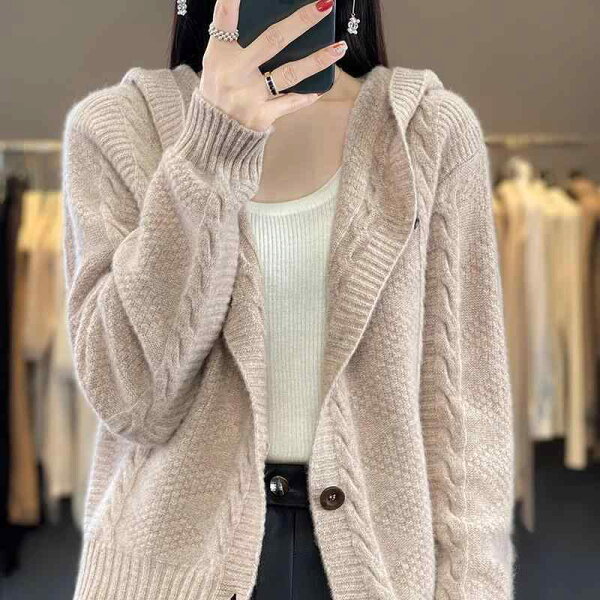 トミーショップ 楽天市場店のニット レディース 秋冬 フード付き カーディガン ニットセーター ゆったり 厚手 ミドル丈 トップス セーター おしゃれ かわいい アイボリー ブルー レッド ブラック グレー|詳細画像