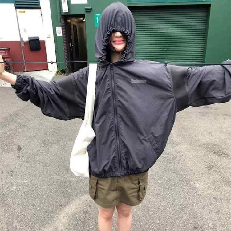 パーカー レディース 韓国風 日焼け止め 長袖 ナイロン ポリエステル 薄手 フード付き ジップアップ 紫..