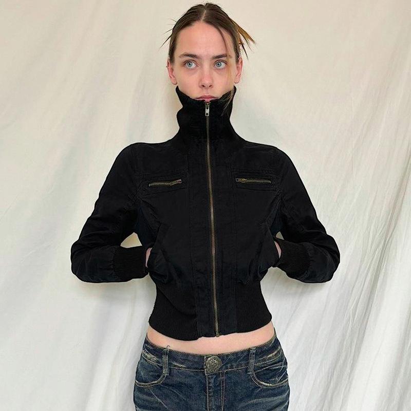 ジャケット レディース ストリート 立襟 ジップアップ 長袖 ショート丈 織物 ポリエステル スタイルアップ ウエストシェイプ ブラック(4)