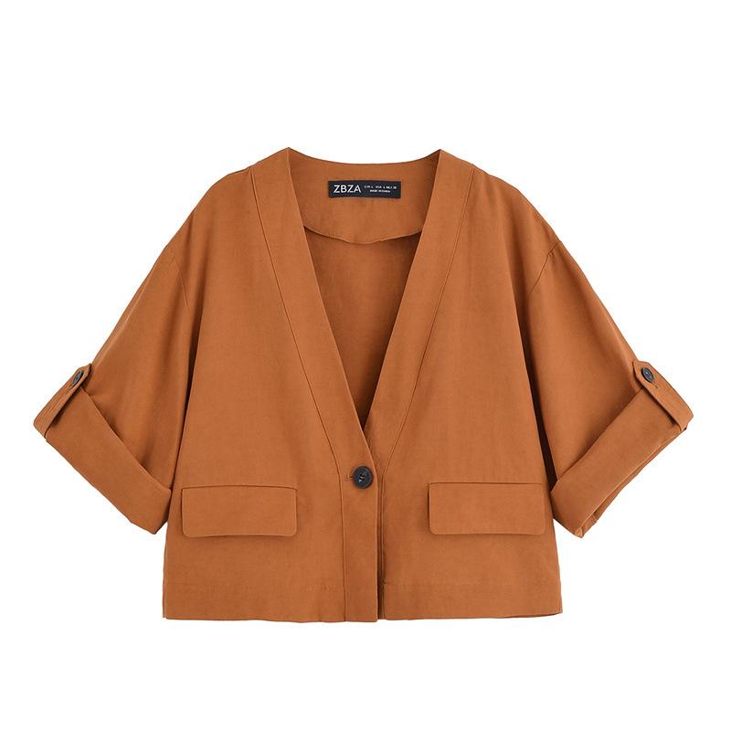 ジャケット レディース 半袖 Vネック 欧美風 ポリエステル ミドル丈 XS S M L アイボリー チョコレート色