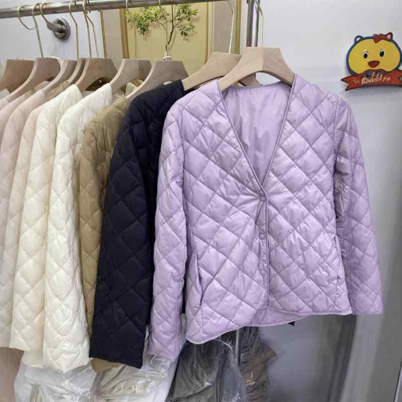 羽绒服 レディース Vネック 薄手 ショート アウター 90% 鸭绒 ひし形 キルティング インナー カジュアル 秋冬 白 紫 黒 ベージュ XS S M L XL