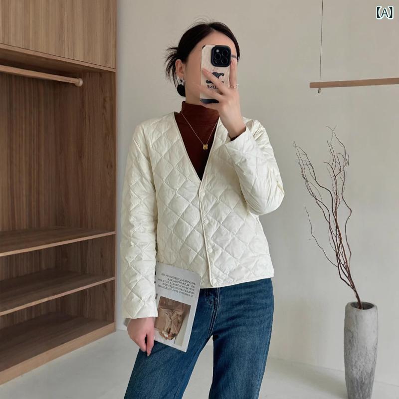 羽绒服 レディース Vネック 薄手 ショート アウター 90% 鸭绒 ひし形 キルティング インナー カジュアル 秋冬 白 紫 黒 ベージュ XS S M L XL