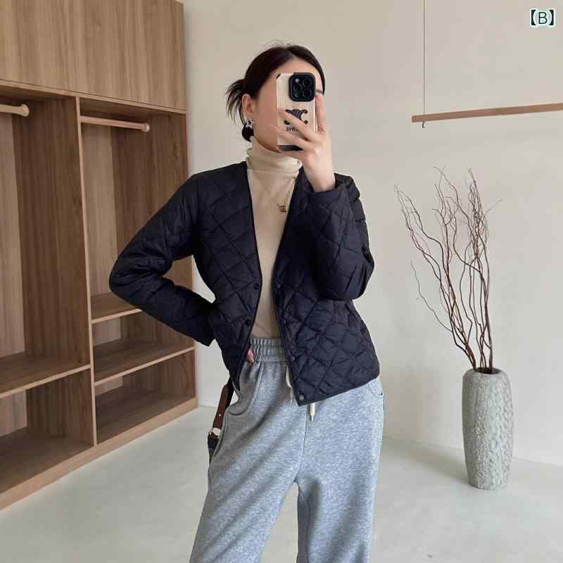 羽绒服 レディース Vネック 薄手 ショート アウター 90% 鸭绒 ひし形 キルティング インナー カジュアル 秋冬 白 紫 黒 ベージュ XS S M L XL