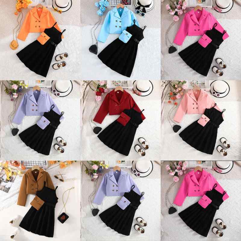 キッズ用セットアップ 長袖トップス スカート 鞄 3点セット 幼児 普段使い ポリエステル 無地 秋 カーキ色 桃色 ラベンダー色 ワインレッド ピンク色 オレンジ色 水色