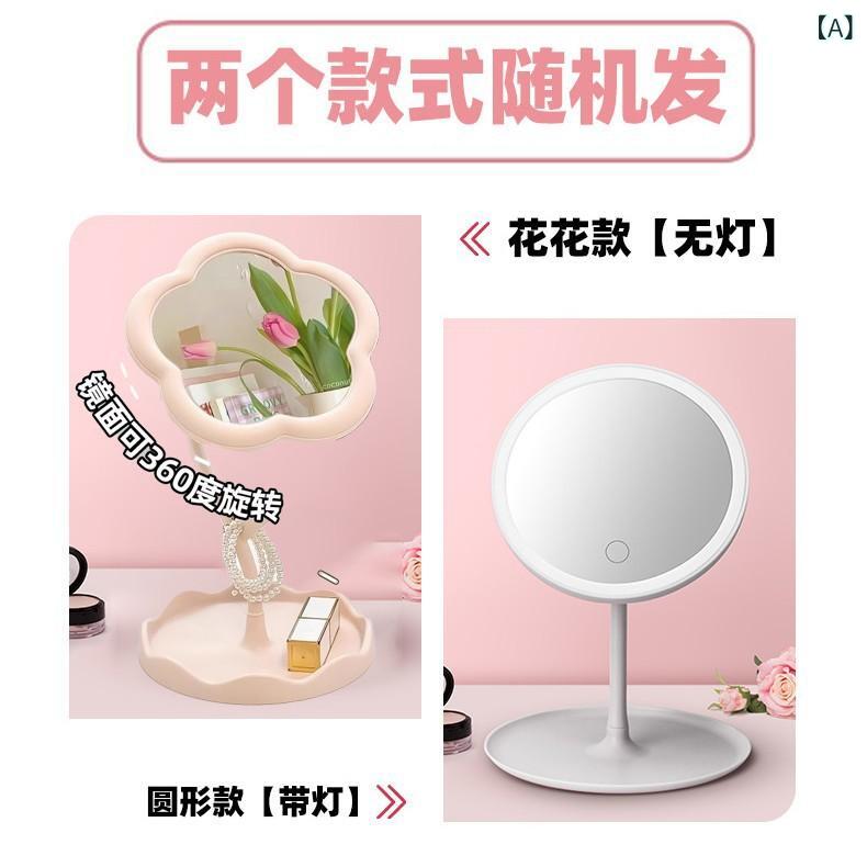 卓上ミラー レディース 卓上鏡 ライト付き メイクミラー 拡大鏡付き 化粧鏡 ポータブル 小型 角度調整可能 かわいい
