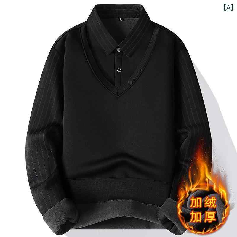 ニット メンズ フェイクレイヤード シャツ襟 トップス 秋冬 男性用 プルオーバー カットソー インナー ..